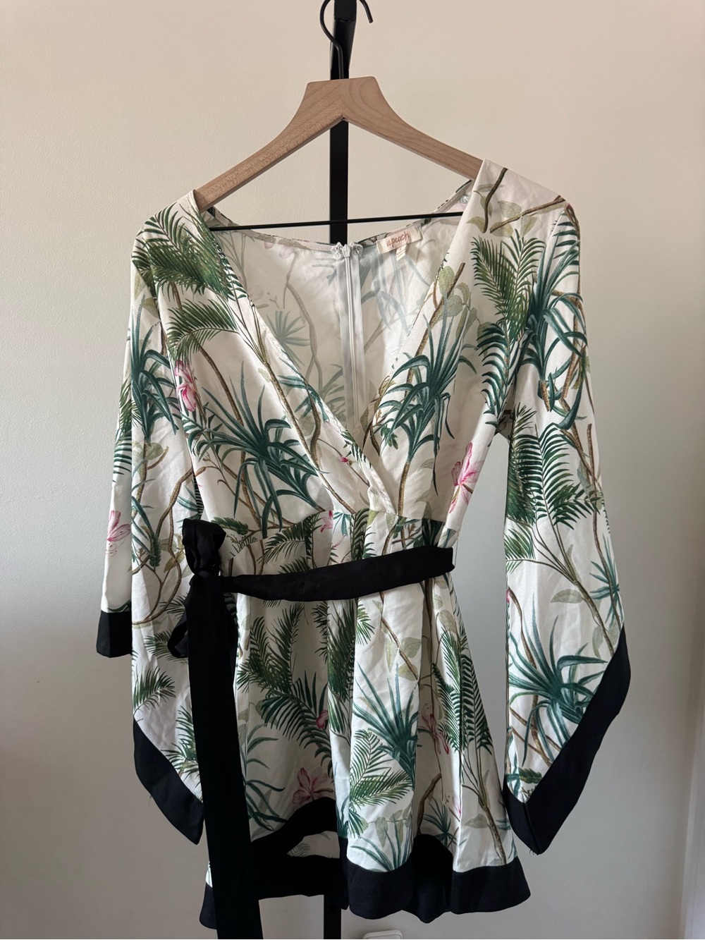Tropical Print Wrap Romper with Black Trim in White and Green